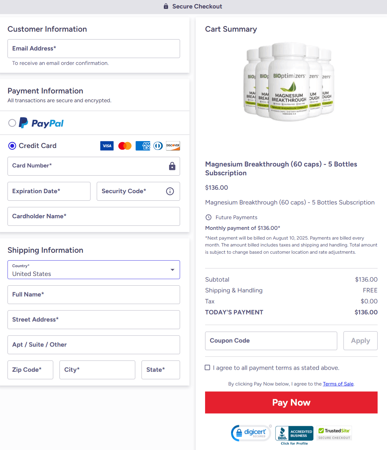 Bioptimizers Checkout page